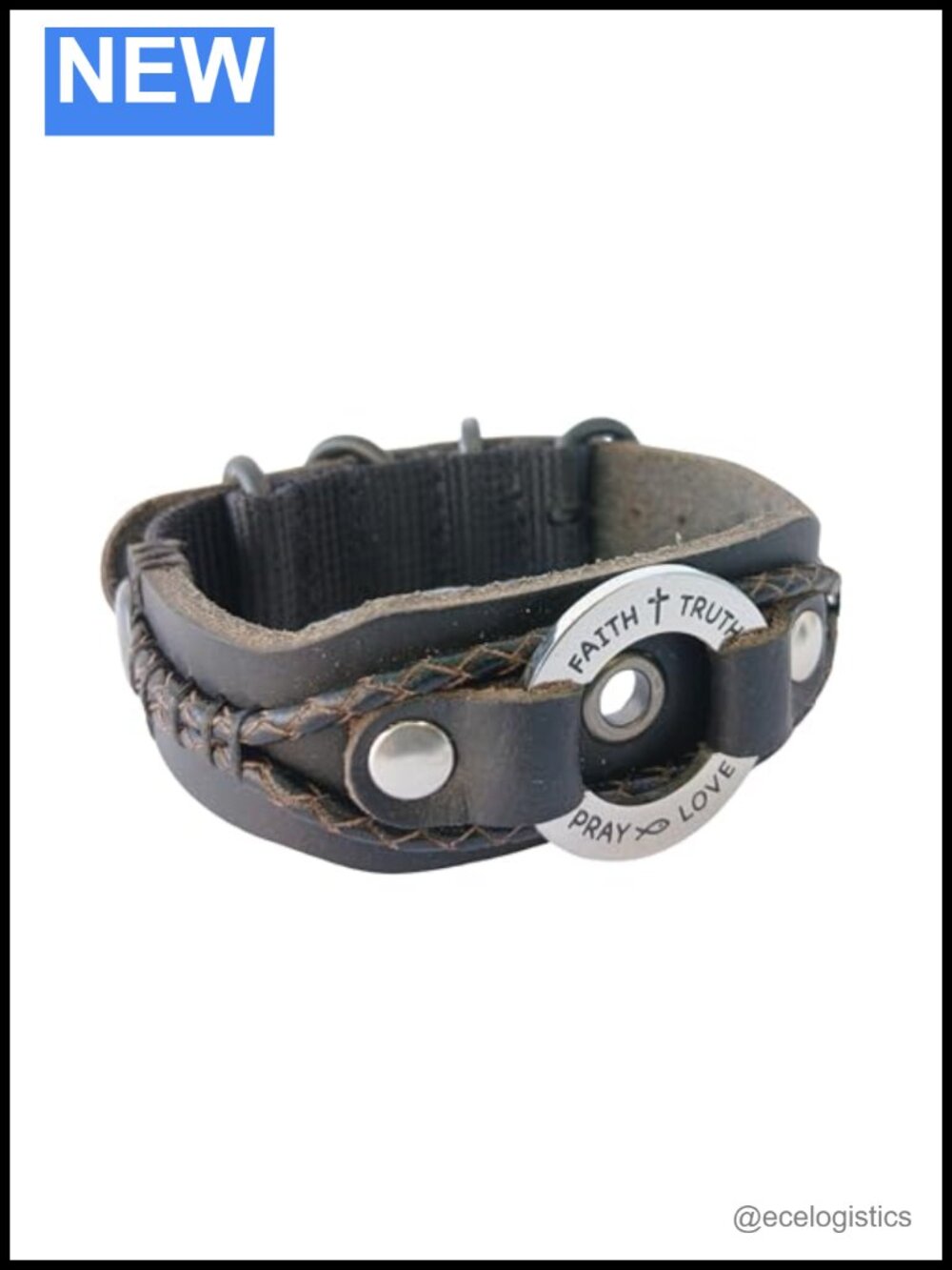 Leather Cuff Bracelet Cross Faith Inscription Adjustable Christian